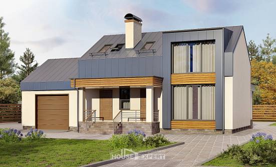 150-015-П Проект двухэтажного дома мансардой, гараж, скромный загородный дом из твинблока Алдан | Проекты домов от House Expert