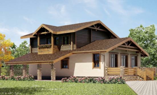 170-004-П Проект двухэтажного дома с мансардой и гаражом, бюджетный коттедж из бризолита из бревен Нерюнгри | Проекты домов от House Expert