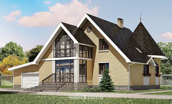 250-001-Л Проект двухэтажного дома с мансардным этажом и гаражом, красивый коттедж из блока Ленск | Проекты домов от House Expert